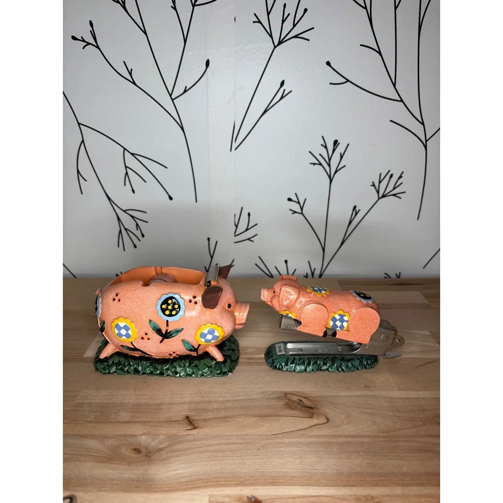 Vintage Style Pig Tape Dispenser and Stapler Set Floral Desk Accessories Pink